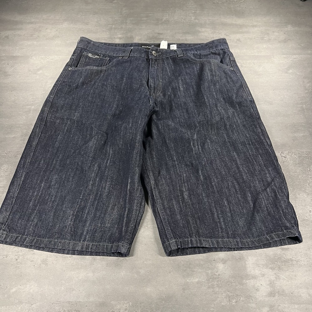 Rocawear Jean Shorts Men 40x16 Blue Denim Jorts Baggy Wide Leg Skate Dark Wash - Picture 3 of 9